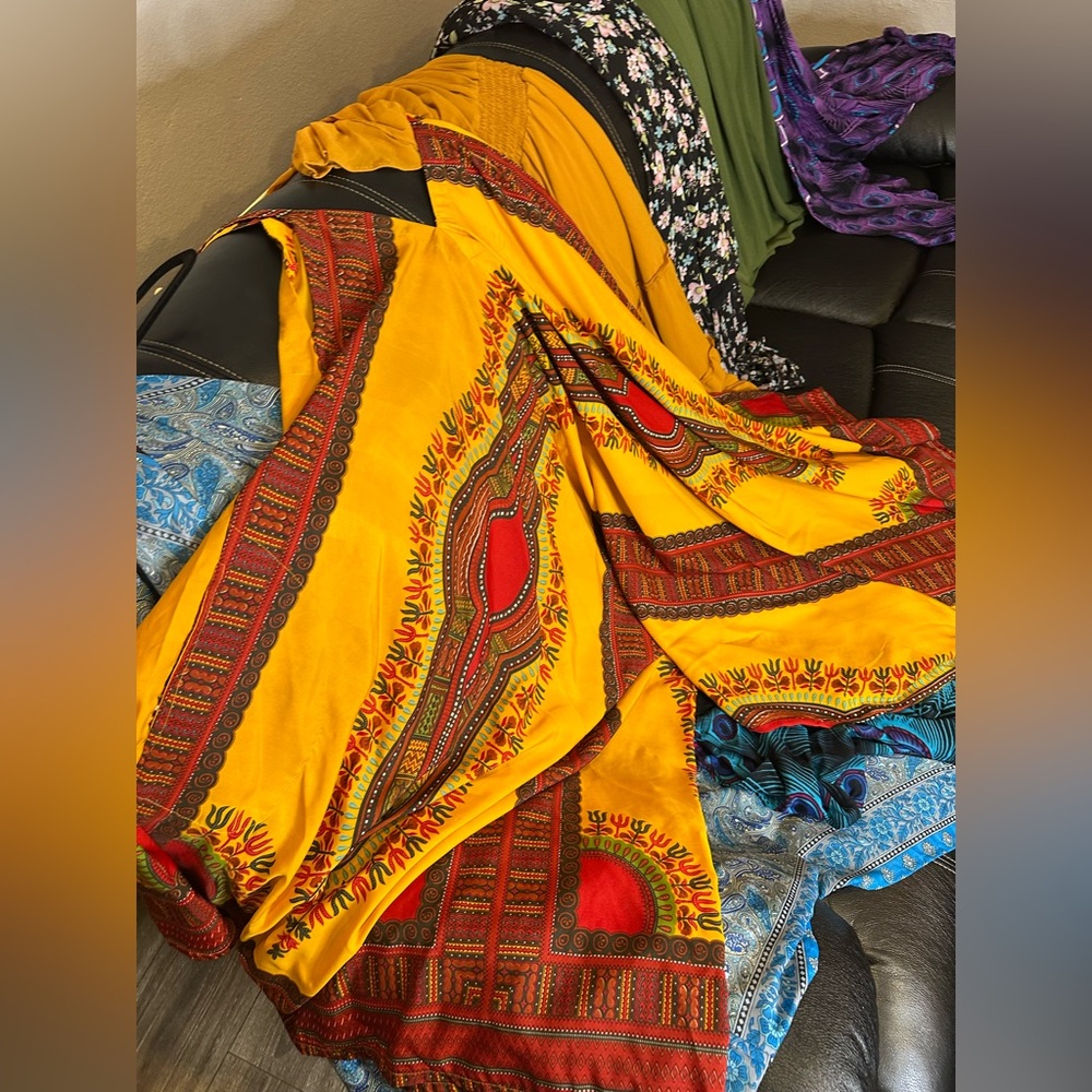 Vibrant Yellow and Red and other bright Patterned Fabric dresses and jumpsuits